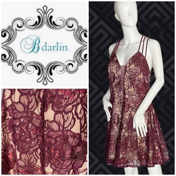 B Darlin Rose Sequin Wine Burgundy Skater Dress Size 13/14 fits small - Picture 1 of 8